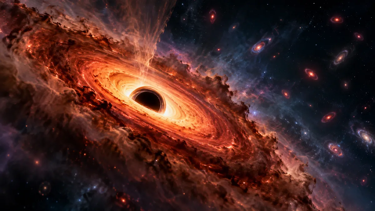 Ilustración conceptual de un agujero negro joven rodeado por un disco de gas luminoso en una galaxia del universo temprano.