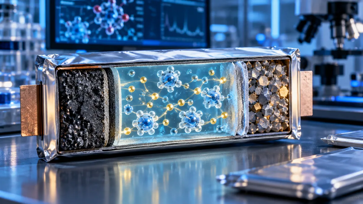Ilustración conceptual de una batería experimental de litio metálico que muestra sus electrodos y la estructura molecular del electrolito diseñado para mejorar el almacenamiento energético y la seguridad.