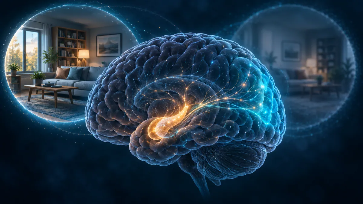 Ilustración conceptual del cerebro humano con el hipocampo y la corteza visual iluminados, acompañados por representaciones de recuerdos similares.