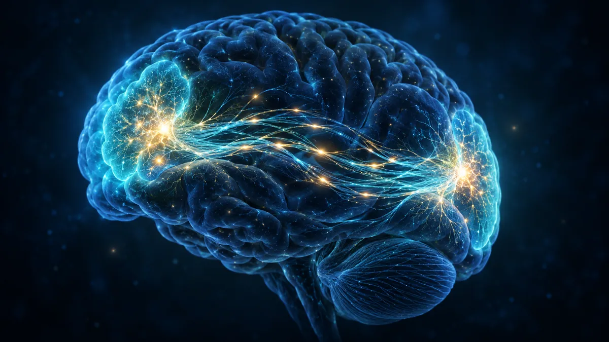 Ilustración conceptual de dos regiones de la corteza cerebral conectadas mediante redes neuronales que intercambian señales eléctricas.