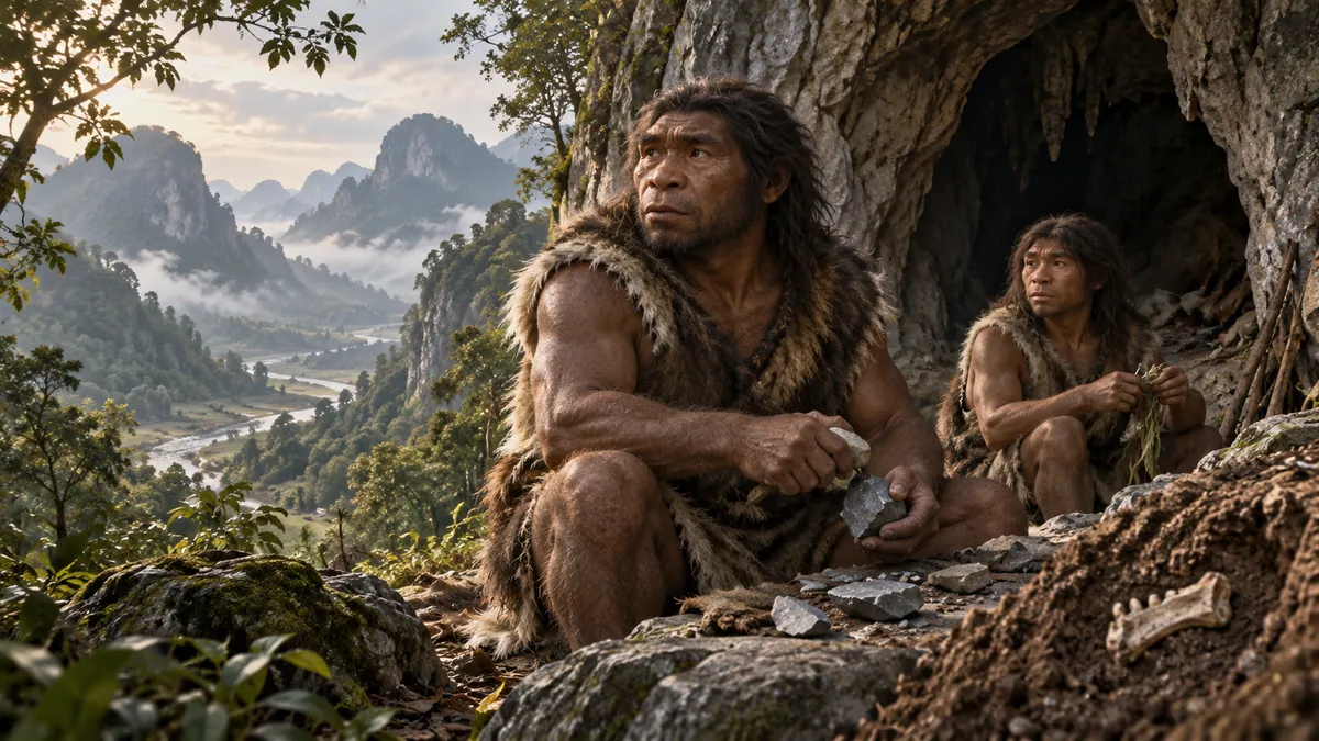 Ilustración conceptual de dos humanos denisovanos en las proximidades de una cueva, en un paisaje montañoso y boscoso inspirado en el suroeste de China durante la prehistoria.