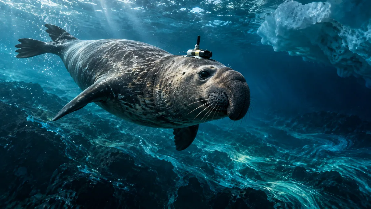 Ilustración conceptual de un elefante marino austral equipado con sensores científicos mientras nada en las profundidades del océano Austral.