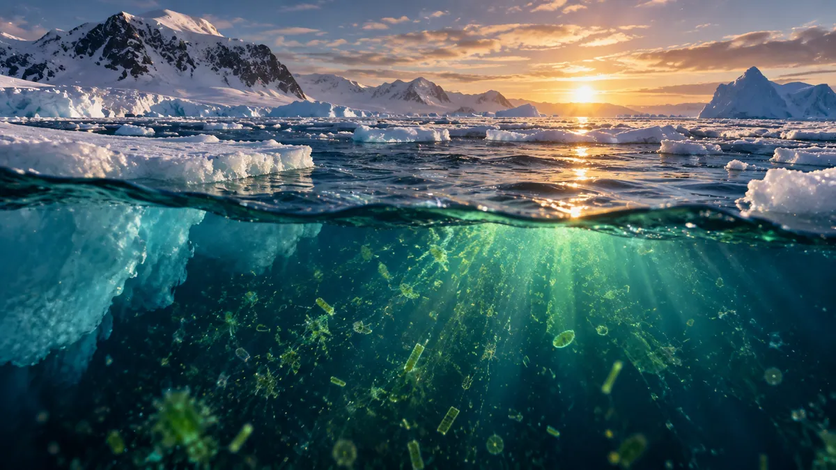 Ilustración conceptual de un océano polar con hielo marino fragmentado y actividad de fitoplancton en aguas superficiales durante un episodio de calentamiento.