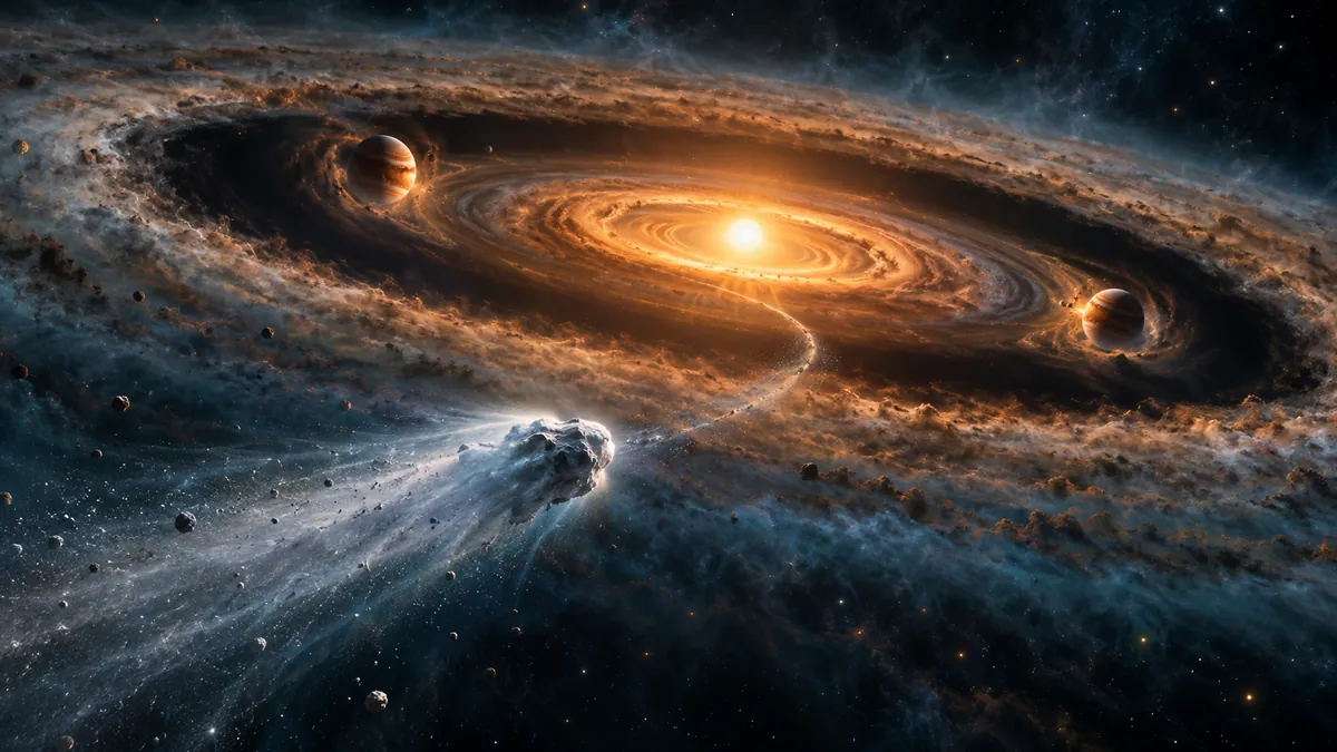 Ilustración de un posible exocometa atravesando el disco protoplanetario de PDS 70, un sistema estelar joven que alberga dos planetas gigantes.