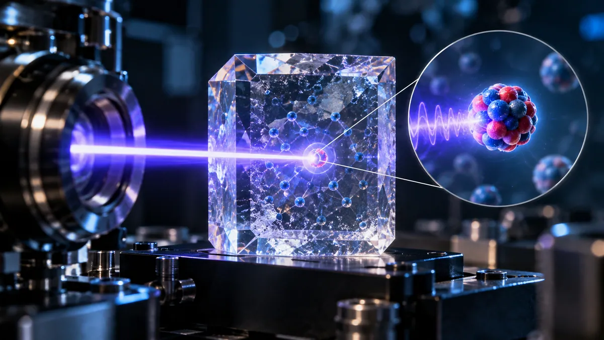 Ilustración científica de un haz láser ultravioleta que interactúa con un núcleo de torio-229 dentro de un cristal, como representación conceptual de la espectroscopia nuclear.