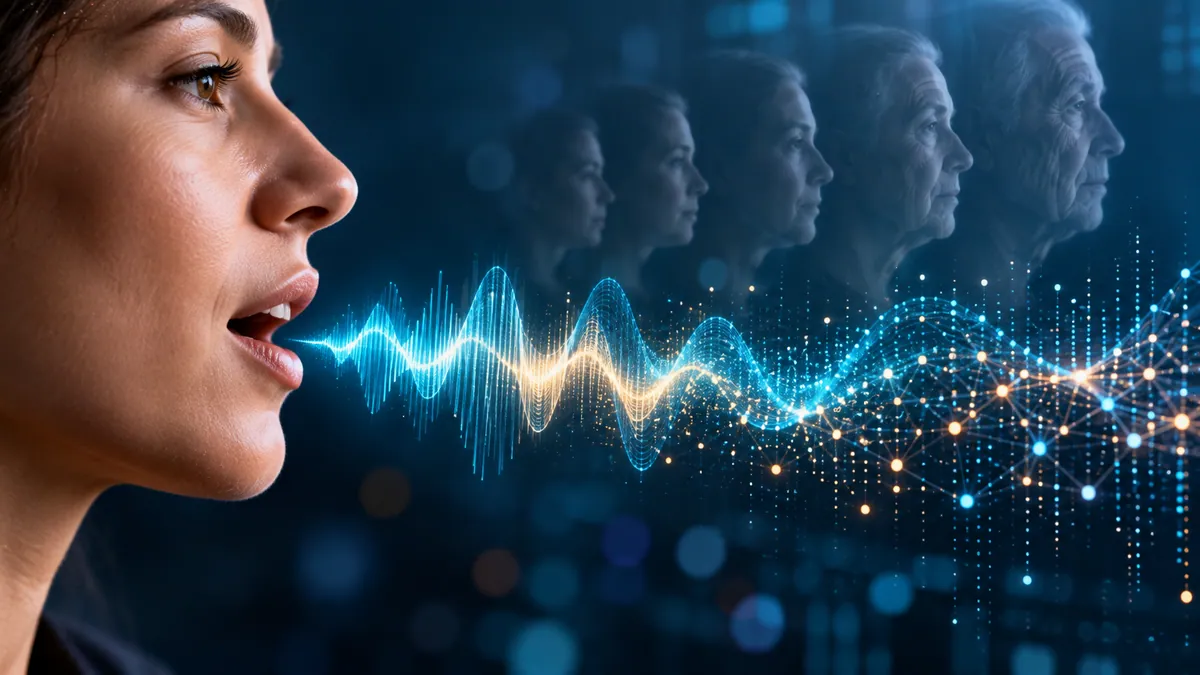 Ilustración conceptual de una persona hablando mientras sus ondas sonoras se transforman en patrones digitales que representan el análisis de la voz mediante inteligencia artificial.
